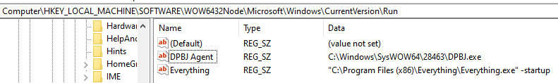 A screenshot of the registry key that allows persistence.