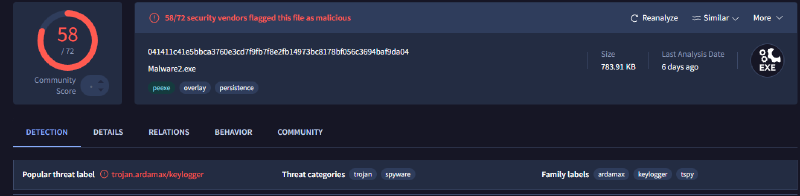 A screenshot of VirusTotal detections for the malicious file.