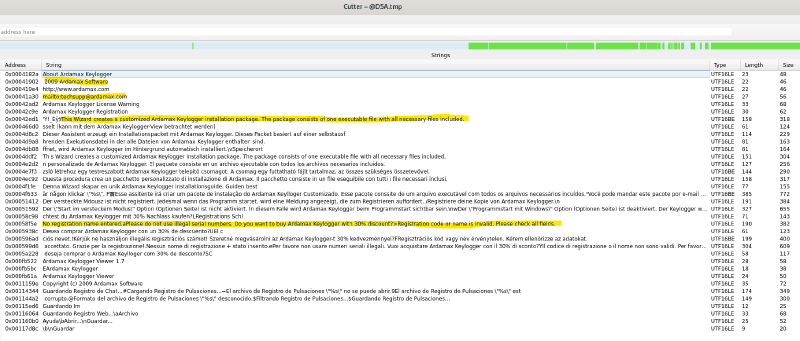 A screenshot of strings from a keylogger